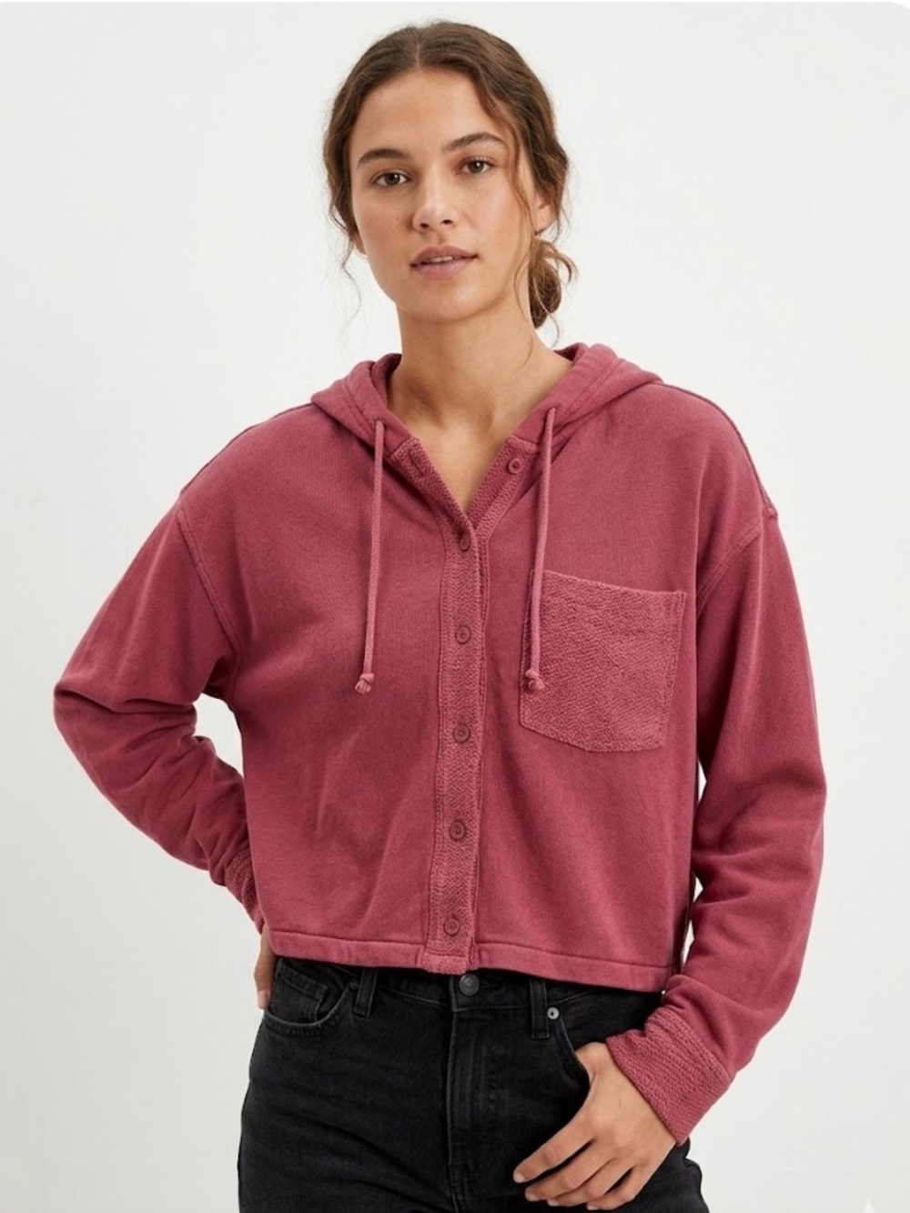 American Eagle Cozy Button-Up Hooded Crop Sweatshirt - Picture 1 of 8